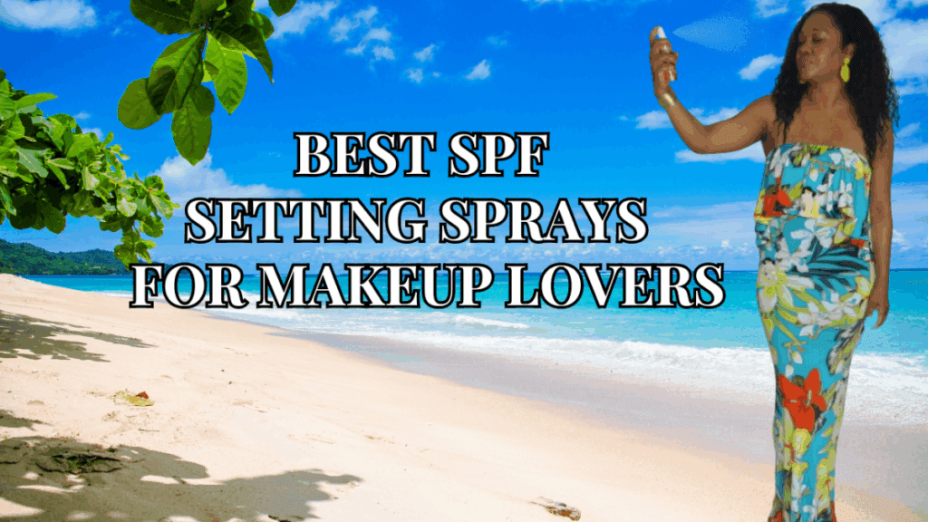 Woman misting SPF setting spray over finished makeup for sun protection