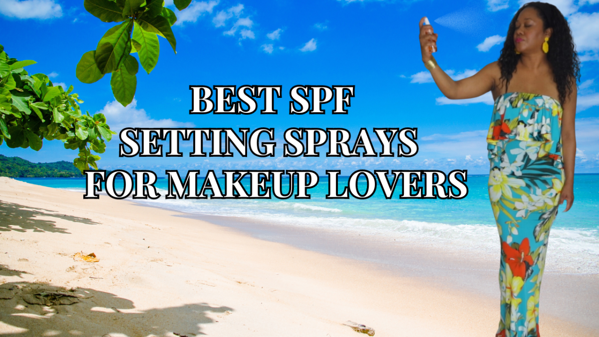 Woman misting SPF setting spray over finished makeup for sun protection