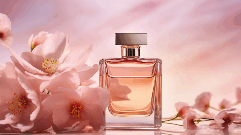 Elegant perfume bottle surrounded by soft pink flowers with a blush background, representing finding your signature fragrance.