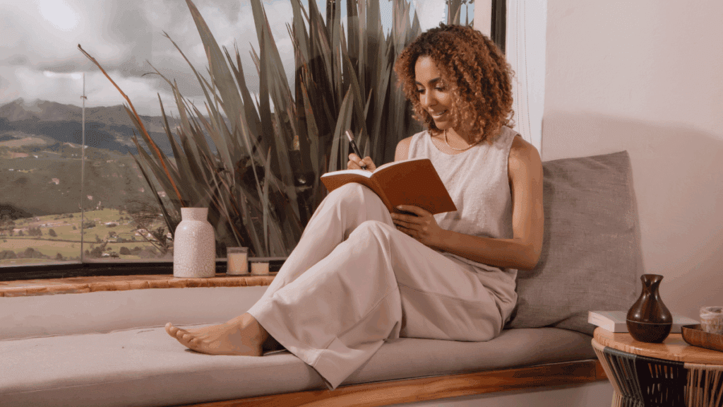 Woman journaling peacefully by a window with mountain views, symbolizing self-reflection and midlife reinvention.