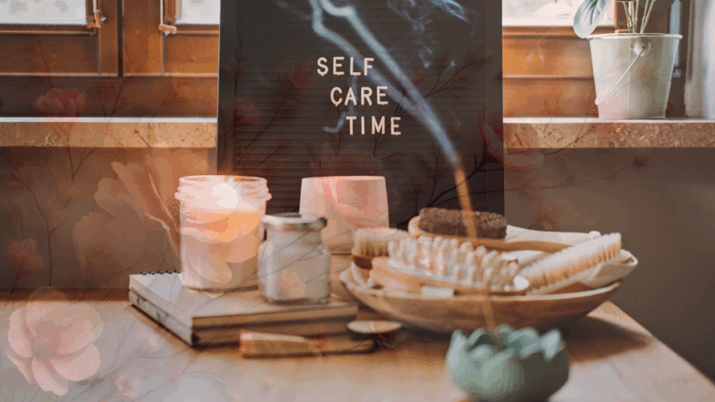 Self-care time setup with candles, journal, and brushes on a cozy morning table